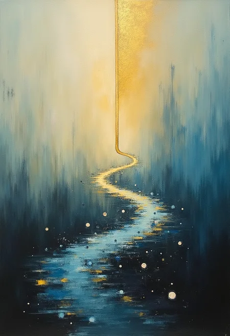 A surrealist painting by Joan Miro comes to mind, featuring a gold beam delicately stretched across the canvas, bending and reflecting off a sapphire and silver bug matrix. The background is an ethereal landscape with subtle, atmospheric tones, further enhancing the dreamlike quality of the scene. The foreground showcases a layered mix of obsidian and iridescent shapes that seem to dance within the depth of field. Ethereal lighting adds to the otherworldly feel, casting an enchanting glow over the entire composition. ,