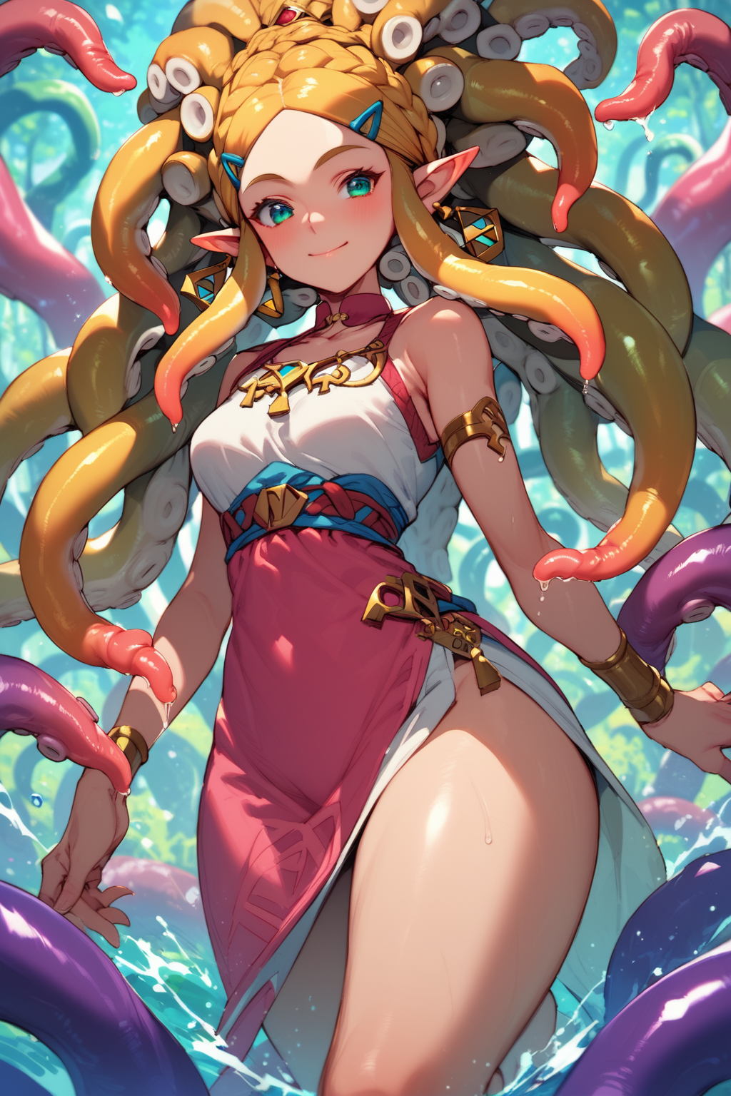 Dreamscape score_9, score_8_up, score_7_up, BREAK, 1girl, princess zelda, <lora:Tentacle_Hair:1> tentacle hair, thick thighs, beautiful eyes, light smile, . Surreal, ethereal, dreamy, mysterious, fantasy, highly detailed