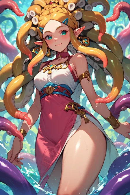 Dreamscape score_9, score_8_up, score_7_up, BREAK, 1girl, princess zelda, <lora:Tentacle_Hair:1> tentacle hair, thick thighs, beautiful eyes, light smile, . Surreal, ethereal, dreamy, mysterious, fantasy, highly detailed