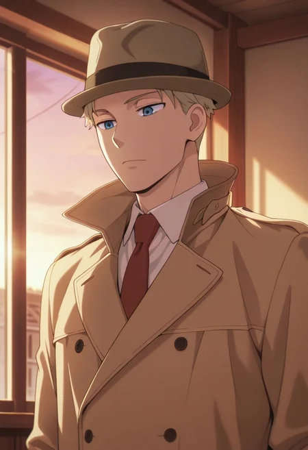 masterpiece,best quality,amazing quality, twilight, blonde hair, short hair, blue eyes, 1boy, male focus, necktie, solo, hat, trench coat, red necktie, upper body, coat, shirt, white shirt, indoors