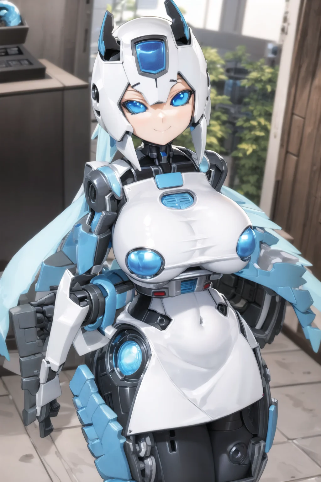 (solid eyes), colored sclera, blue eyes, humanoid robot, mecha musume, robot joints, large breasts, wide hips, smile, looking at viewer, indoors, laboratory, <lora:Solid Eyes V6:0.6>