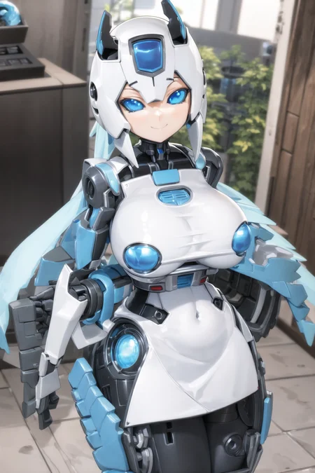 (solid eyes), colored sclera, blue eyes, humanoid robot, mecha musume, robot joints, large breasts, wide hips, smile, looking at viewer, indoors, laboratory, <lora:Solid Eyes V6:0.6>