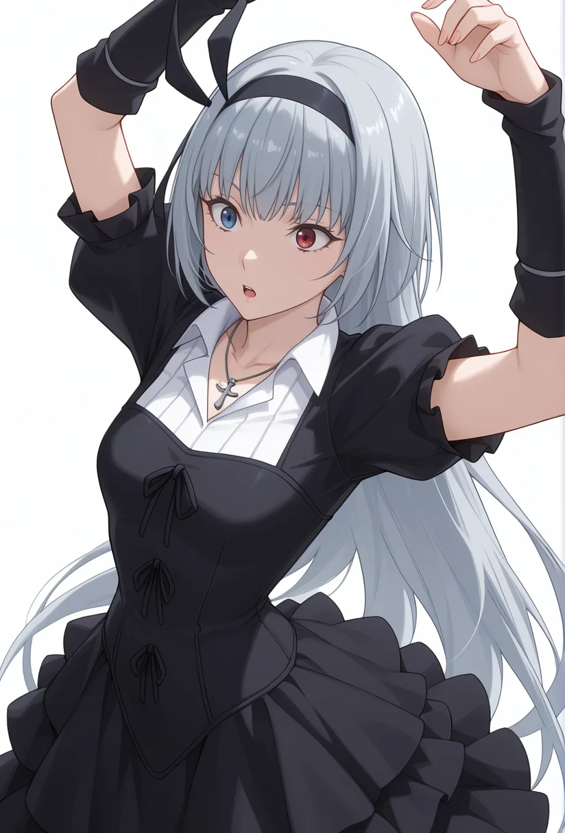 Smooth Quality,masterpiece,very intricate, high quality details, ultra realistic, high detailed skin,detailed enviorement,absurdres,
simple background, white background,solo,
from above,dancing,
surprised,
<lora:Valentine_CNR:0.8> valentine_cnr, 1girl, blue eyes, grey hair,red eyes, heterochromia, blue eyes,very long hair, valentine_def, black dress,gothic fashion, puffy sleeves, short sleeves, arm warmers, black hairband, cross necklace, hair ribbon, hairband,