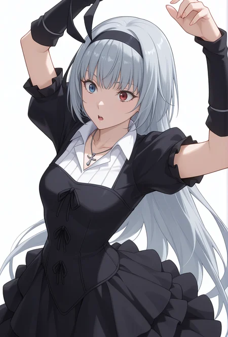 Smooth Quality,masterpiece,very intricate, high quality details, ultra realistic, high detailed skin,detailed enviorement,absurdres,
simple background, white background,solo,
from above,dancing,
surprised,
<lora:Valentine_CNR:0.8> valentine_cnr, 1girl, blue eyes, grey hair,red eyes, heterochromia, blue eyes,very long hair, valentine_def, black dress,gothic fashion, puffy sleeves, short sleeves, arm warmers, black hairband, cross necklace, hair ribbon, hairband,