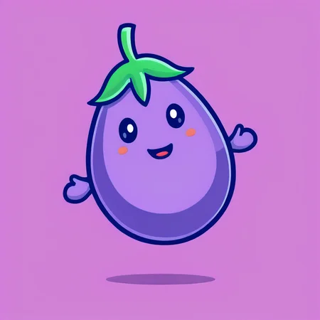 eggplant cartoon character, solid background, flat, clipart, illustration