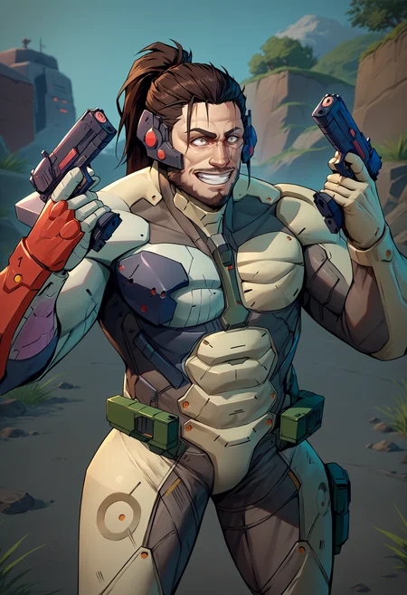 score_9, score_8_up, score_7_up, 1boy, handgun, holding gun, holding weapon, dual wielding, smile, grin, finger on trigger, crazy eyes <lora:DanielRadcliffeHoldingTwoGunsMeme_pdxl_Incrs_v1:1>, outdoors, <lora:JetstreamSam_XLPD:0.8> JetstreamSam, cyborg, bodysuit, headgear, beard,