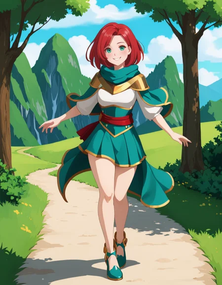 OneStepFromEdenStyle, 1girl, wide_hips, blush}, solo, outdoors, [gold] scarf, [Emerald] eyes, [Scarlet] hair, smile, full_body, high_fantasy, teal footwear
 <lora:OneStepFromEdenStyle_Illustrious:1>