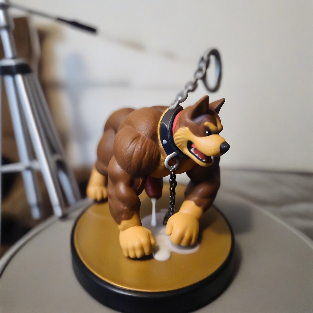 Amiibo, figure, dog, erection, penis, k9 penis, cum drip, on all fours, round circular stand, muscular, bara, detailed figure, dog boy, hand on floor, hand on penis, spread legs, dog collar, chain leash