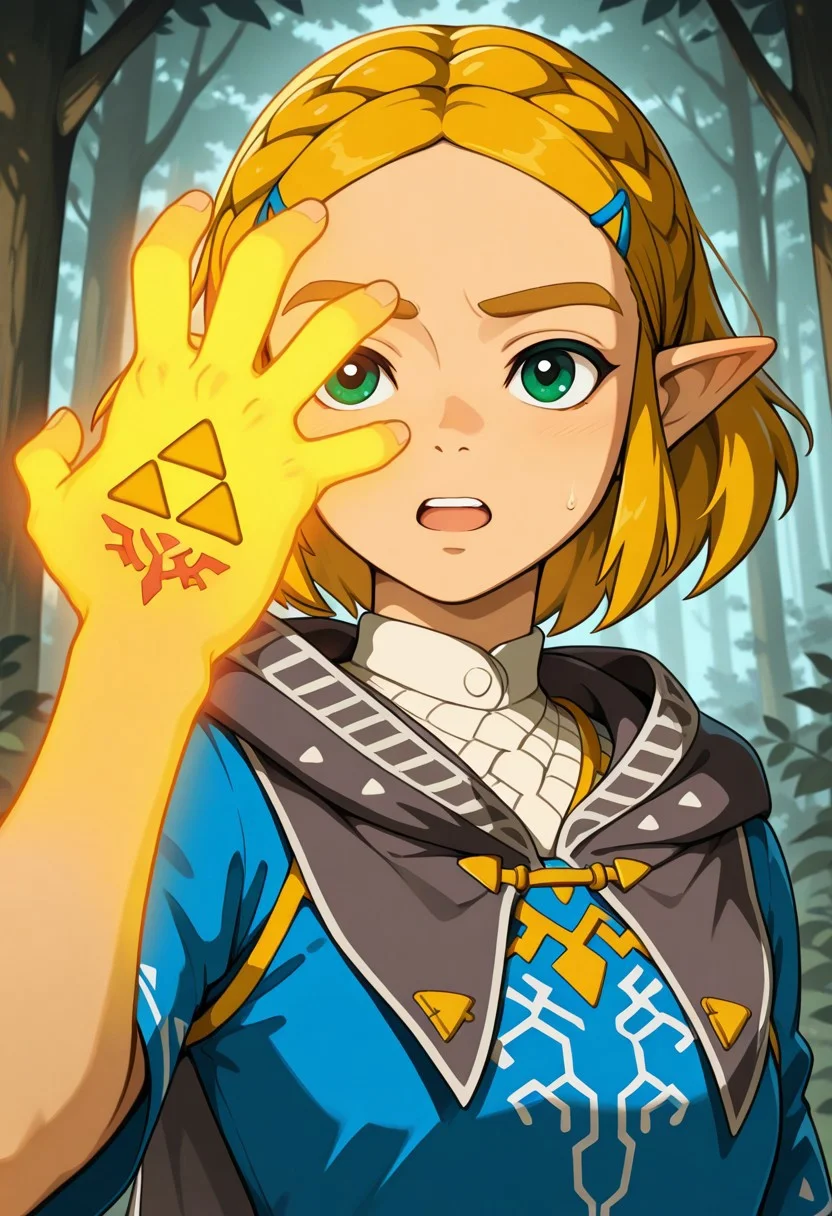 masterpiece, best quality, amazing quality BREAK zelda1x, blue tunic, shyai_fin, hand up, glowing hand, triforce hand tattoo, open mouth, forest, close up, <lora:Zelda:1>