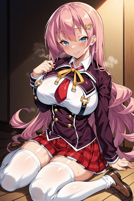 score_9, score_8_up, score_7_up, rating_general ,1girl ,blue eyes, long hair, pink hair, hair clip, yellow bowtie, red necktie, purple blazer, white shirt under blazer, chest harness, underbust, long sleeves, red plaid skirt, white thighhighs, brown shoes,  indoors, source_anime, <lora:AkigawaRinaPDCAMEq1v1.3 SeitokaiKoumon-000008:1>, cowboy shot, abstract, spotlight, naughty face, alluring,  shiny skin, in heat, steaming body ,