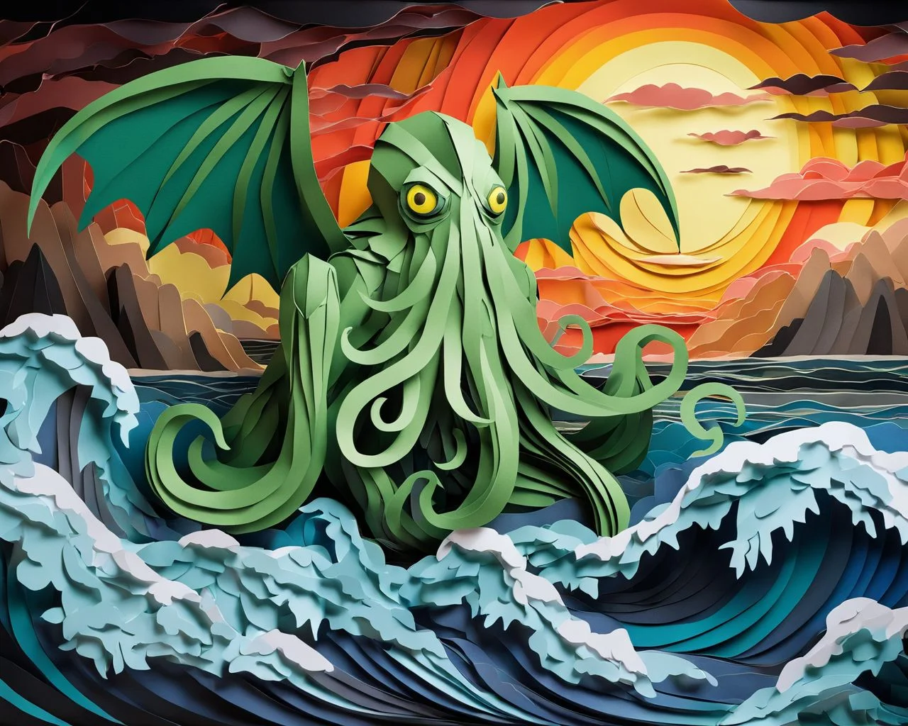 Cthulhu is rising from the sea in a great strom PaperCutout style <lora:sdxl-PaperCutouts-Dreambooh:1>, Very detailed, clean, high quality, sharp image