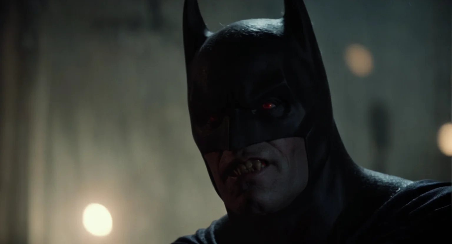 cinematic film still of Cinematic Film stock footage in (arri alexa style) Kodak film print, <lora:Batman Vampire:1> Batman Vampire a batman villain with a dark background and vampire fangs teeth <lora:Vampire-000003:1>, shallow depth of field, vignette, highly detailed, high budget, bokeh, cinemascope, moody, epic, gorgeous, film grain, grainy