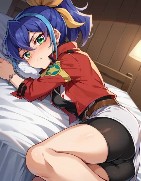 score_9, score_8_up, score_7_up, source_anime,
yugiohserena, <lora:yugioh-serena-ponyxl-lora-nochekaiser:1>,
yugioh serena, blue hair, multicolored hair, ponytail, two-tone hair, green eyes, hair bow, ribbon,
belt, bike shorts, bow, bracelet, jacket, jewelry,
indoors, bed, bed room, on side, blush, drunk,
looking at viewer, cowboy shot, dutch angle,