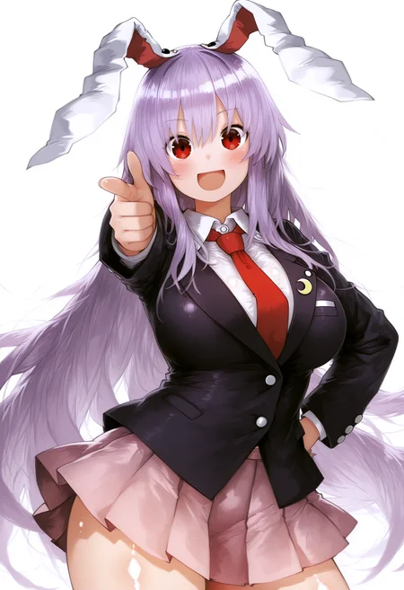 (masterpiece, best quality, absurdres::0.5), detailed background, uncensored,
dramatic lighting, refraction, rim lights, backlighting, white background,
BREAK
reisen udongein inaba, 1girl, solo, rabbit girl, red eyes,
hair between eyes, very long hair, purple hair, bangs,
rabbit ears, smile, open mouth, blush, happy, :d,
curvy, shiny skin, large breasts,
black jacket, blazer, red necktie, white shirt, collared shirt, long sleeves, pink skirt, pleated skirt,
looking at viewer, cowboy shot, finger gun, pointing at viewer, contrapposto, standing, hand on own hip,
upper body, straight-on,
<lora:Hachimides-P1v1-Illu01:1>,