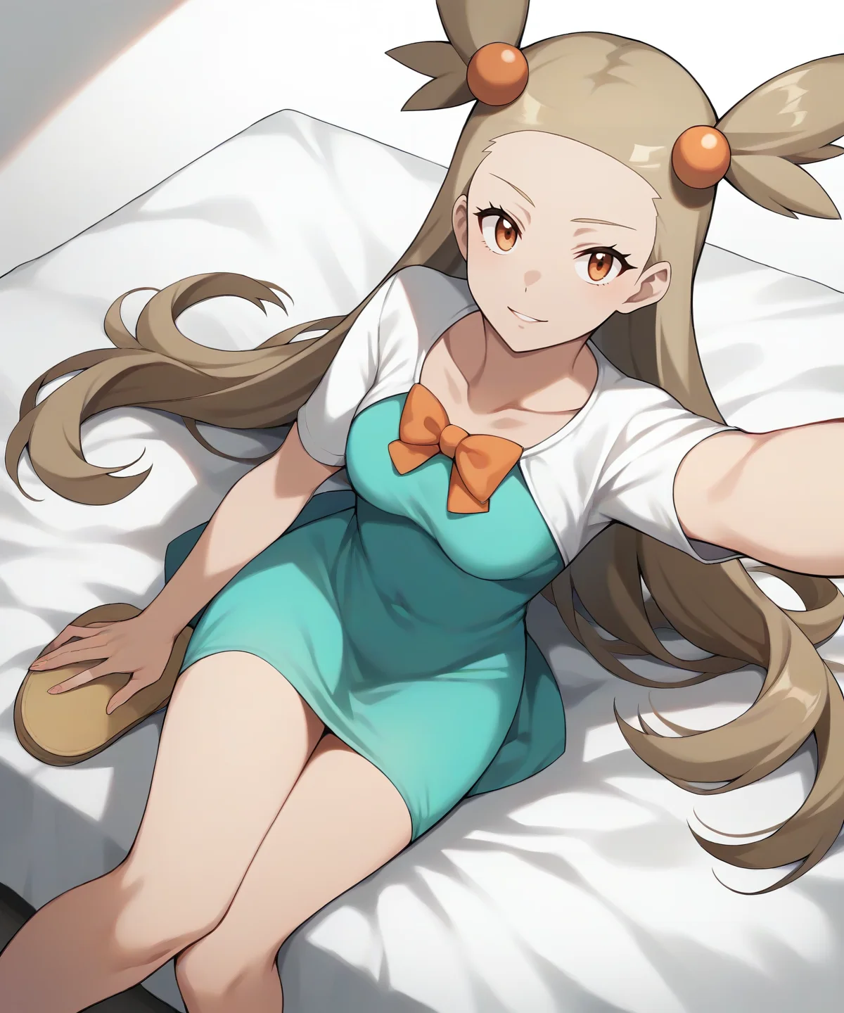 score_9, score_8_up, 1girl,
good quality, masterpiece, mature female, ultradetail, anime, source_anime, aesthetic, (solo)
<lora:JasminePokemon-05:0.9>PokeJasmine, long hair, sandals, short white cardigan, collarbone, orange bowtie, sleeves past elbows, (very short dress), aqua dress, looking at viewer, vibrant color,,dynamic pose, taking a selfie laying in bed