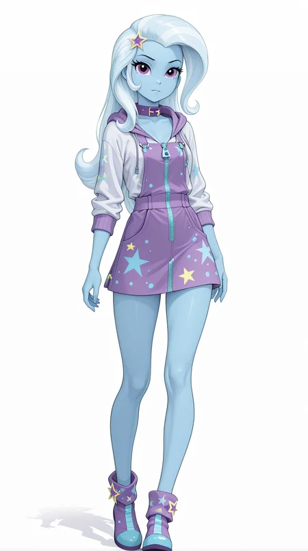 resolution,masterpiece,high resolution, Equestria Girls,resolution,masterpiece,high resolution,solo,wild,,woman,STANDING ON THE STREET DISHAPPEARED, Trixie human, purple eyes, long, voluminous hair, light silver-white with white and light purple streaks. Light, almost pastel blue skin. Overall, her build is slim and proportional.
She wears a light blue hooded jacket with a zipper and purple accents around the sleeves and collar. Underneath, she wears a light purple short skirt with a pattern of a moon and stars. On her feet, she wears tall light blue boots with purple trim around the ankles. There are no visible jewelry or accessories. <lora:Trixie:1>