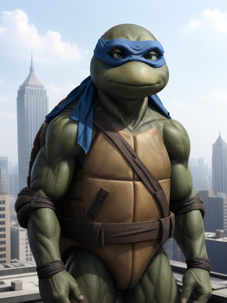 full body shot, TMNTLeonardo, a teenage mutant ninja turtle, wearing blue bandana mask with eye-holes, standing on a city rooftop during the day, skyscrapers and rooftops and day sky in the background, <lora:TMNT_Turtles_AIO_SDXL-000009:1>