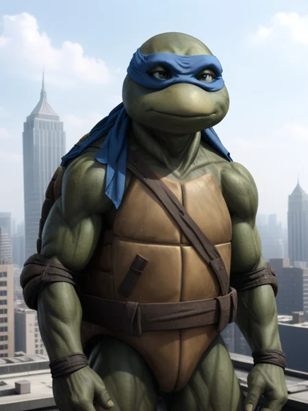 full body shot, TMNTLeonardo, a teenage mutant ninja turtle, wearing blue bandana mask with eye-holes, standing on a city rooftop during the day, skyscrapers and rooftops and day sky in the background, <lora:TMNT_Turtles_AIO_SDXL-000009:1>