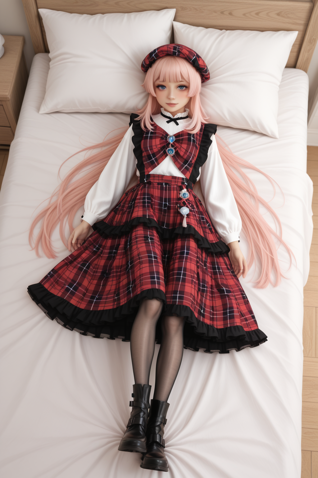 masterpiece, best quality, amazing quality, 1girl, solo, makeup, general, looking at viewer, blush, sunlight, day, room, indoors, seductive smile, on back, lying, full body, on bed, tongue, <lora:Sangonomiya_Kokomi_Kokomi:1>, Sangonomiya_Kokomi_Kokomi, very long hair, hair ornament, pink hair, multicolored hair, gradient hair, blunt bangs, bow-shaped hair, purple eyes, vision(genshin impact), sidelocks, blue horns, <lora:RetroPlaidCakeSkirtdress_new1_1fix:0.9>, RetroPlaidCakeSkirtdressnewfix, red dress, plaid dress, frilled dress, ((layered skirt:1.2)), white shirt, long sleeves, plaid long skirt, long skirt, red plaid headwear, red plaid bow, bowtie, black footwear, boots, frills, plaid, polka dot, pantyhose, <lora:wai-2Rectified-V140:1>, <lora:illustrious_noobai_epsilon_pred_1_masterpieces_v1:1>