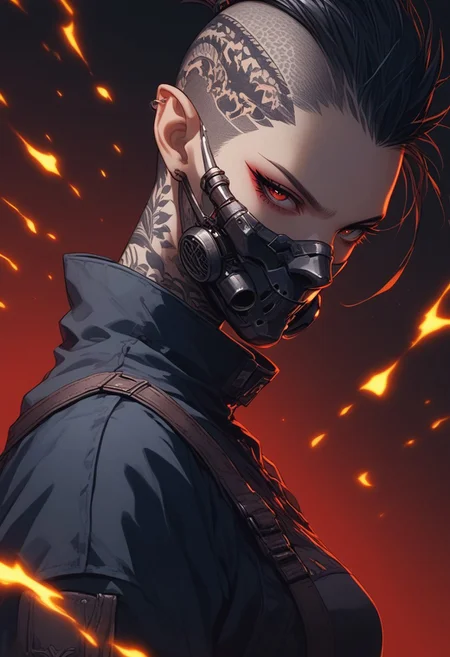 score_9, score_8_up, score_7_up,source_anime,1girl,solo,Ana, elf ears, pointed ears, witch,long straight mohawk, red eyes, black hair,perfecteyes,eyebrows,hair behind ear,high neck sleeveles jacket,tattoos,pants,from the side,dark background,sinozick,flat colors,cowboy body shot, wolf mouth style mask, sparks, fire embers,
serious expresion, side glance, eyes loking at viewer,