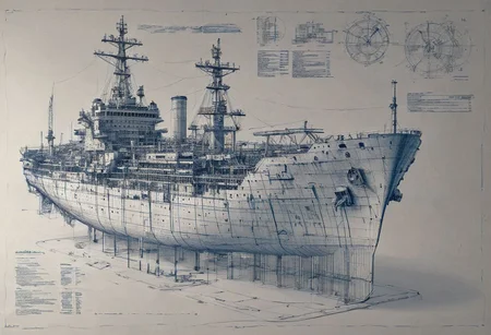 construction plan with blue thin lines for a huge ship with 6 floors sketch style high def,ship cut in half with instructions and descrption of each parts