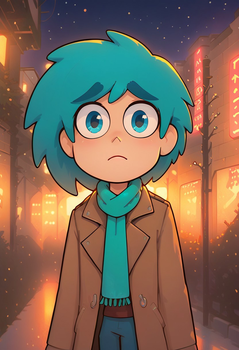 score_9, score_8_up, score_7_up, score_6_up, 13kartZontik, Zontik, boy, green hair, 
scarf, brown jacket, winter, evening, city, neon light, winter, evening, city, neon light, cinematic lighting, golden hour lighting, volumetric lighting, city streets, hair fluttering in the wind, dynamic lighting,