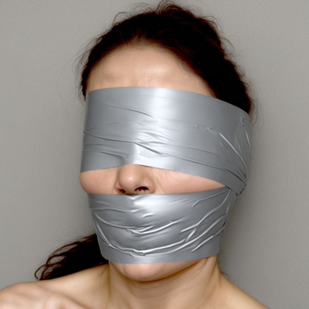 Nude, Silver tape blindfold, silver tape wrapgag