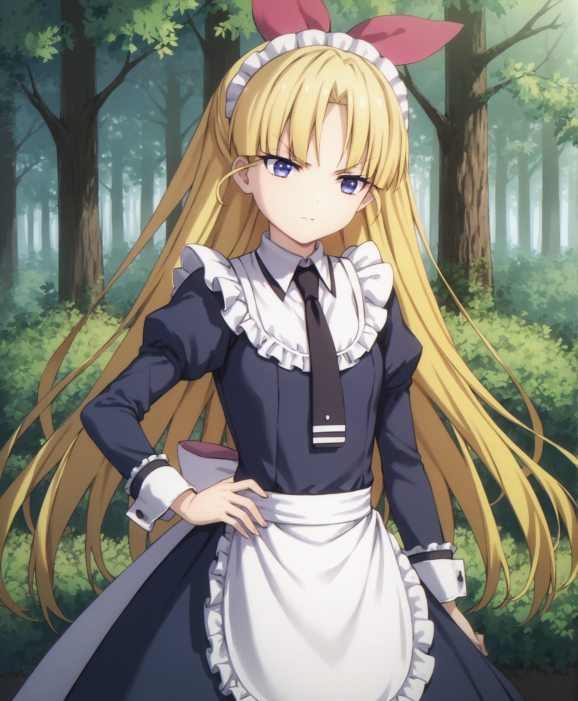 score_9, score_8_up, score_7_up, highres, hi res, best quality, masterpiece, 2d, intricate details, 4k, anime coloring, shadow, uncensored,
1girl, solo, female, long hair, blue eyes, blonde hair, bow, ribbon, purple eyes, hair bow, v-shaped eyebrows, >:\),
long sleeves, black necktie, maid headdress, maid, maid apron, frills, frilled dress, frilled skirt, frilled sleeves, juliet sleeves, puffy sleeves,
looking at another, cowboy shot,
outdoors, forest, bushes, branches, foliage, <lora:Warabi_Hanasaka1024_Pony:1>, busou shoujo machiavellism, hanasaka warabi,