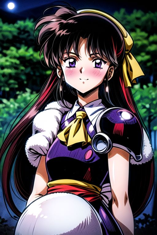 best quality 1girl Setsun4 solo long hair,  (night time) forest background black hair very long hair purple eyes multicolored hair armor, small, (fur trim) (medium body),<lora:EMS-179-EMS:0.800000>,<lora:EMS-293862-EMS:0.800000> bow, hair_bow, hair_tubes, red_bow, brown_hair, long_hair, bangs, ascot, frilled_bow, yellow_ascot, blush, smile, hair_between_eyes, athletic, armor, miko,  Smiling, happy, dragoon helmet, (helmet)