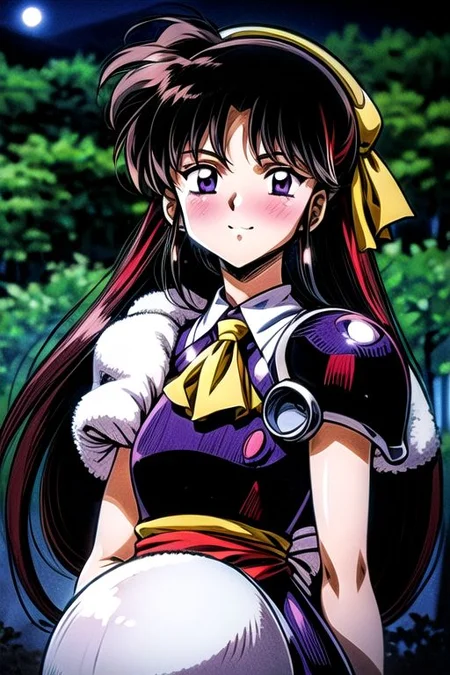 best quality 1girl Setsun4 solo long hair, (night time) forest background black hair very long hair purple eyes multicolored hair armor, small, (fur trim) (medium body),<lora:EMS-179-EMS:0.800000>,<lora:EMS-293862-EMS:0.800000> bow, hair_bow, hair_tubes, red_bow, brown_hair, long_hair, bangs, ascot, frilled_bow, yellow_ascot, blush, smile, hair_between_eyes, athletic, armor, miko, Smiling, happy, dragoon helmet, (helmet)