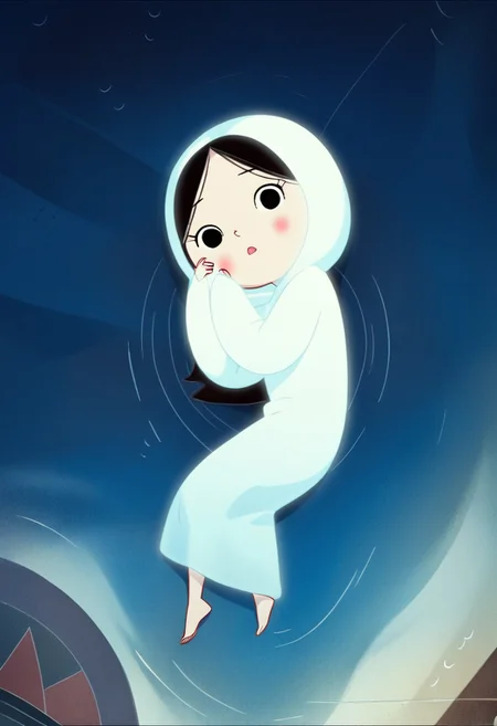 zPDXL3, source_cartoon, Perfect Hands, full body,
1girl, solo, sea bottom, looking at viewer, saoirse, black hair, black eyes, blush, ghost, hood up, robe, barefoot, glowing, lying under the sea, from above, lying on side, facing at viewer, feeling cold, eyes closed, emotionless, open mouth, sleeve past wrist, slim body, long body, highlight cloth wrinkle, anime style face, dark blue background,
<lora:Perfect Hands:1> <lora:Saoirse_-_The_Song_of_the_Sea-000009:1>