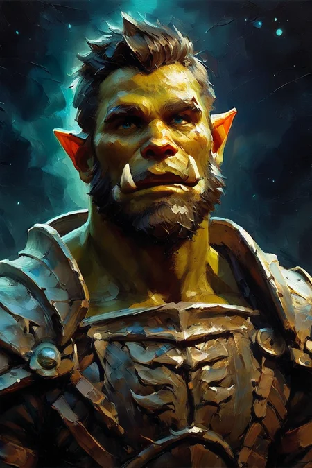 score_9, score_8_up, score_7_up, 1boy, solo, male focus, mature male, orc, green skin, tusks, blue eyes, short hair, black hair, facial hair, beard, mustache, looking at viewer, armor, shoulder armor, breastplate, pauldrons, upper body, closed mouth, standing, outdoors, night, night sky, dark background <lora:Palette Knife Painting Style LoRA_Pony XL v6:1>