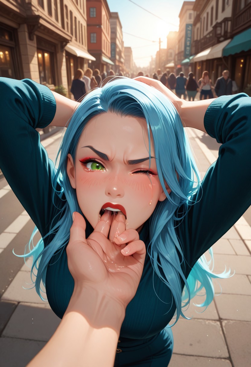 masterpiece, best quality, very aesthetic, absurdres, cinematic lighting, detailed, intricate details, dynamic angle,
BREAK,
1girl, stunning 24yo, long hair, blue hair, green eyes, red lips, 
BREAK,
(standing), (hands behind head), arms up,
pov hands, domination, dominant male, 
hand in another's mouth, open mouth, face focus,
saliva, 
BREAK,
angry, tears, tearing up, blushing, one eye closed, wince,
BREAK,
on the sidewalk, public street, day, sunlight, people in the background,
