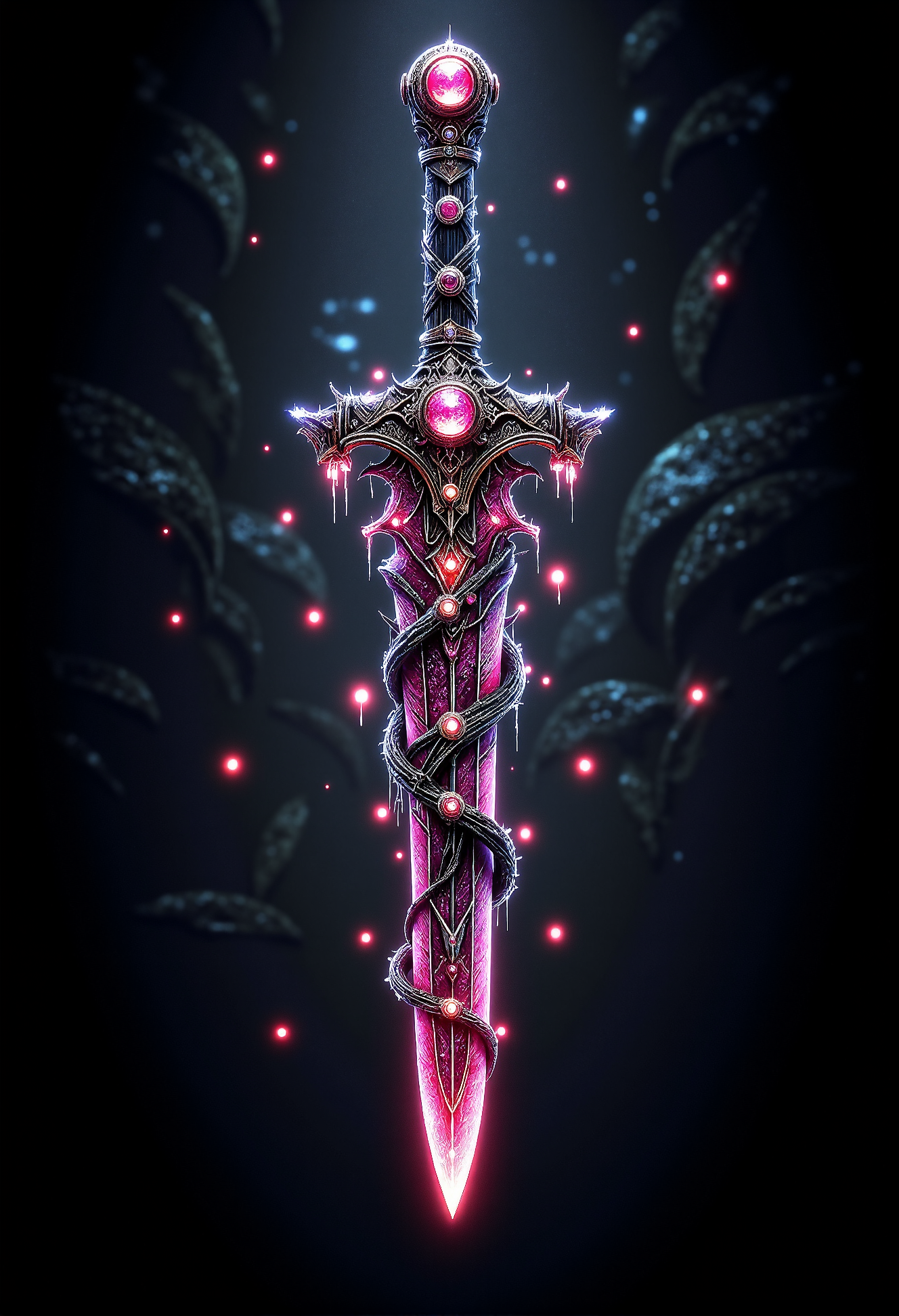 A twisted, ornate dagger with a blade of glass, its hilt wrapped in thorny vines dripping with ruby-like dew <lora:aidmaDall-E3-FLUX-v0.1.safetensors:1.0>,  <lora:black_fantasy.safetensors:0.3>,  <lora:aiai-Glimra-Flux-Dev-v2.safetensors:0.3>,