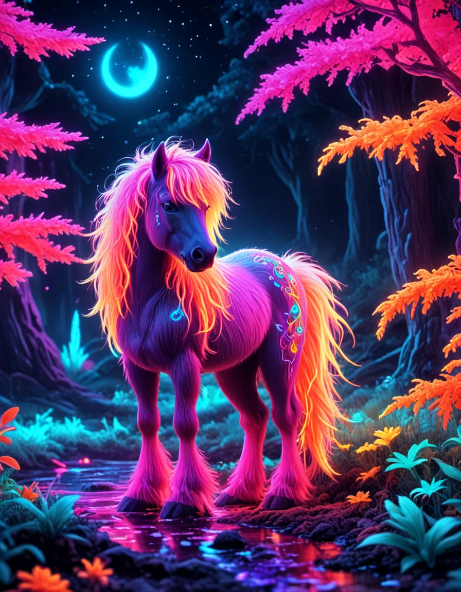 novuschroma70 style neon thick shaggy pack pony in a magical fantasy landscape <lora:novuschroma70 style:0.9> <lora:sdxl_lightning_8step_lora:1>