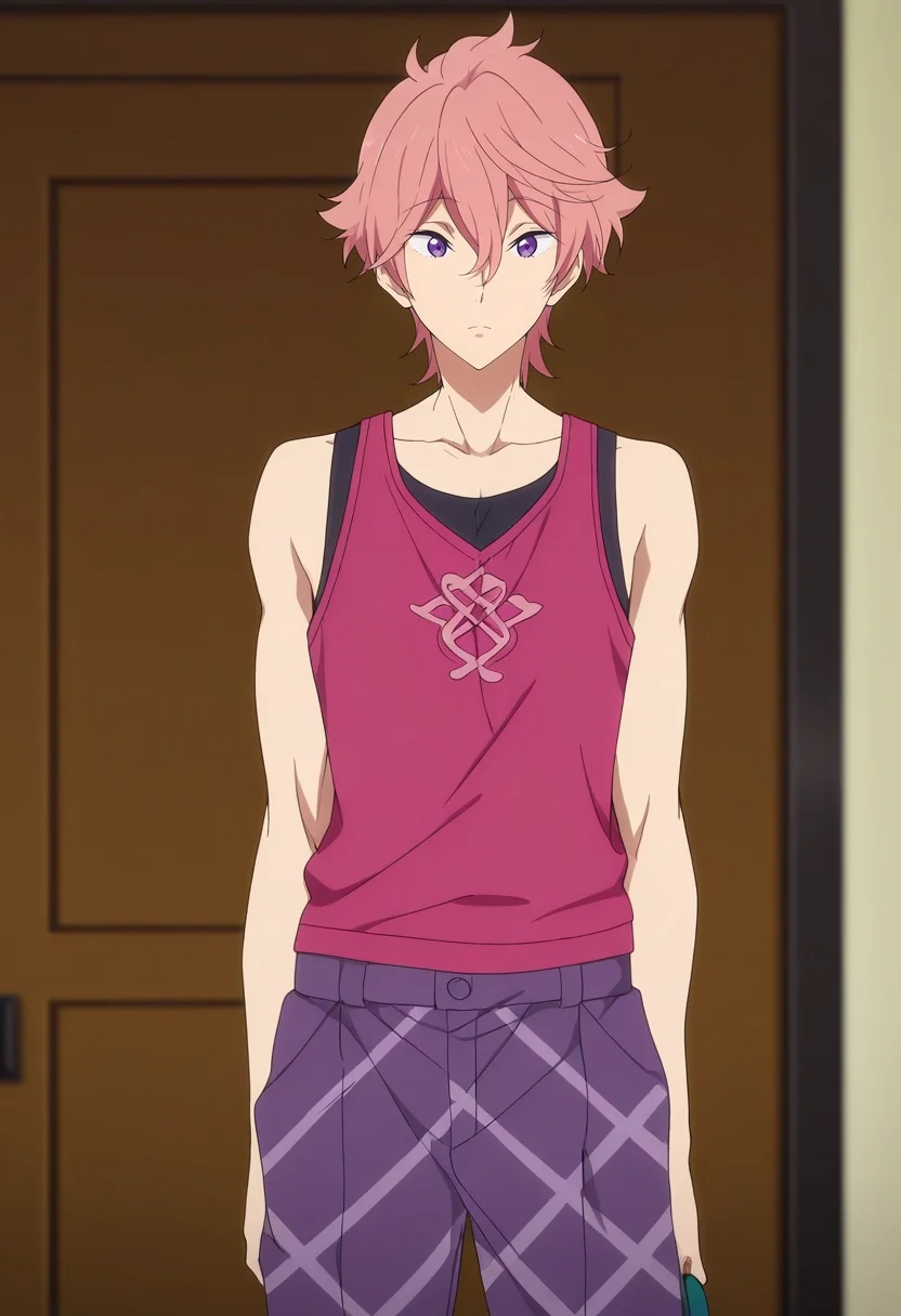 masterpiece, best quality, anime screencap, official style, anime coloring, cowboy shot, 1boy, solo, male focus, <lora:kisumi_shigino_ilxl:0.98>, kisumi_shigino, pink hair, purple eyes, hair between eyes, , , Pleated corduroy pants, Paisley Lemon Tweed Sleeveless tank top, Athletic shoes, Tam o' Shanter,