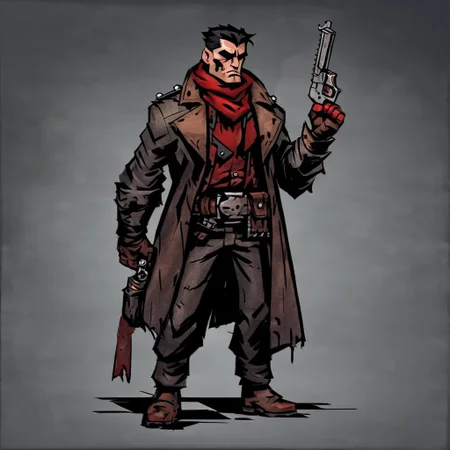 high-definition 8k comicish artwork in dgst artstyle of a male bandit, red neckerchief, short black hair, rugged, muscular, fullbody, grossed arms, coat, belt with guns, knife in hand, masculine, highwayman, leather bots