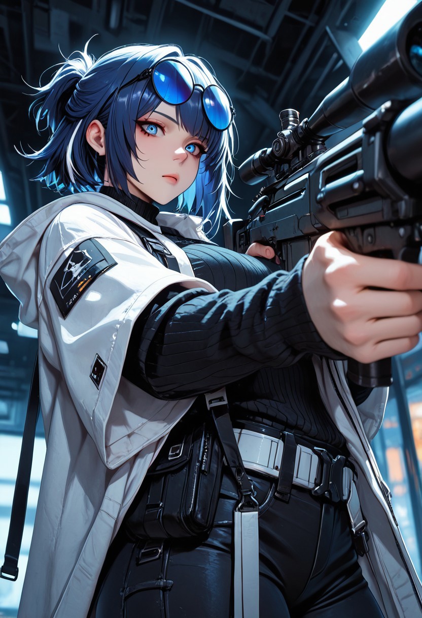 highres, very detailed, amazing quality, masterpiece,
very aesthetic,
particle effect,
1girl, Andreana from Arknights, large breasts, curvy, short hair, streaked hair, blue hair, white hair, short ponytail, blue eyes, round eyewear on eyes, blue-tinted eyewear, white jacket, hooded jacket, hood down, open jacket, layered sleeves, short over long sleeves, black sweater, turtleneck sweater, black pants, white belt, black bag, fanny pack,
Aiming a sniper, holding a sniper rifle, looking down scope, looking at viewer, 
Close up, depth of field, ray_tracing, cowboy shot, extreme foreshortening, very aesthetic, cinematic,