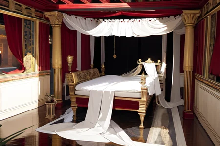 highly insanely detailed, masterpiece, top quality, best quality, highres, 4k, 8k, RAW photo, (very aesthetic, beautiful and aesthetic),
Ancient Roman Interior Design,RomInt,ancient_roman_bedroom,bed,blanket,candlelight_ambience,
<lora:RomanInterior-10:0.7>,
(1girl:1.3),
1other,
,
very long hair,hair over eyes,floating,ultra floating hair,hair ornament,
,
at sunset,polka-dotted background,
,âââ