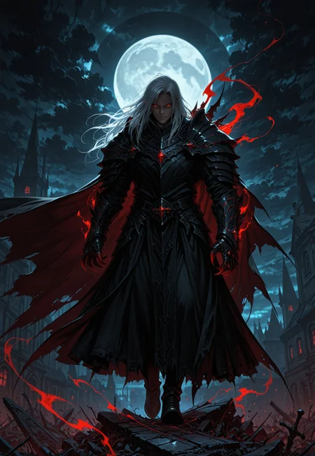beautiful aesthetic, very intricate, high quality details, vibrant, highly detailed, award-winning, professional, 1boy, adult male, red eyes, long hair, silver hair, cowboy shot, full body shot, solo, fantasy, glowing eyes, vampire fangs, black armor, claw gauntlet, cape flowing in wind, walking, serious expression, ethereal aura, dark battlefield background, destroyed buildings, dark clouds, moon, moonlight, dark, night, mist, shadows, gothic atmosphere, dynamic lighting,