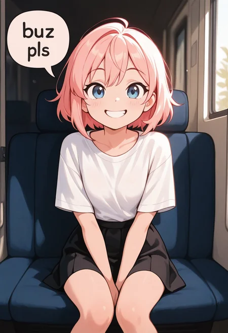 (masterpiece, best quality, highly detailed), 1girl, pink hair, blue eyes, short hair, smiling, black skirt, white shirt, sitting, buzz pls, speech bubble