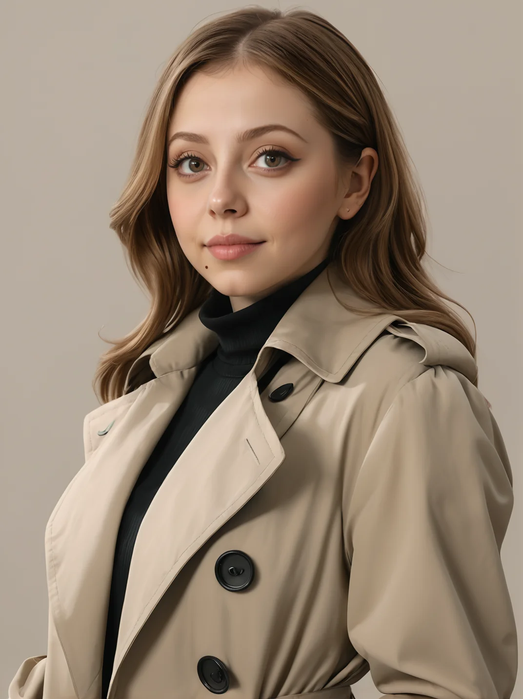 30yo felicitysynthxl, upper body, standing, neutral background, sultry, large breasts, modest,
wearing a trench coat,
