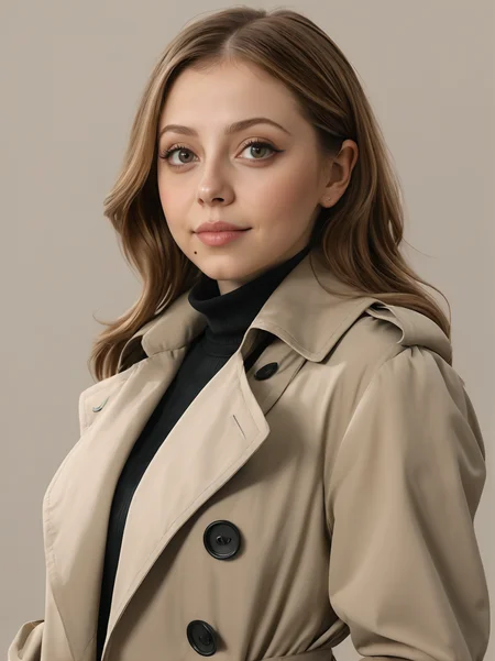 30yo felicitysynthxl, upper body, standing, neutral background, sultry, large breasts, modest,
wearing a trench coat,