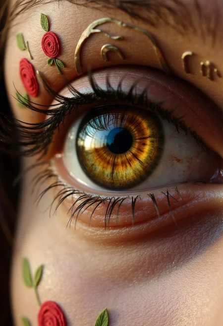 A close-up of eyes where the lids are painted with a surreal clockwork garden, blending mechanical gears with blooming roses in steampunk-inspired bronze and crimson tones. The lashes are metallic, curling like watch springs, and her irises shimmer like polished copper. The lighting is warm, with a vintage sepia glow, captured with an Olympus OM-D E-M1X, .orf file, showcasing the fusion of organic and mechanical elements.
, aidmarealisticskin