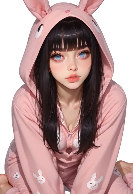 Expressiveh, morimee_style, jsyu_style, 2025. 04,
(1girl, solo), 8K, depth of field, focused subject, dynamic angle, sexy pose, best quality, detailed eyes, perfect eyes, realistic eyes, black hair, long hair, hair bangs, blue eyes, full lips, makeup, fit body, rabbit onesie, pink rabbit costume, rabbit ears, hood, barefoot, animal costume, pajamas, small ass, medium breast, realistic breast, BREAK, sitting, leaning forward slightly, front view, looking at viewer, movie perspective, white background, bunnies background