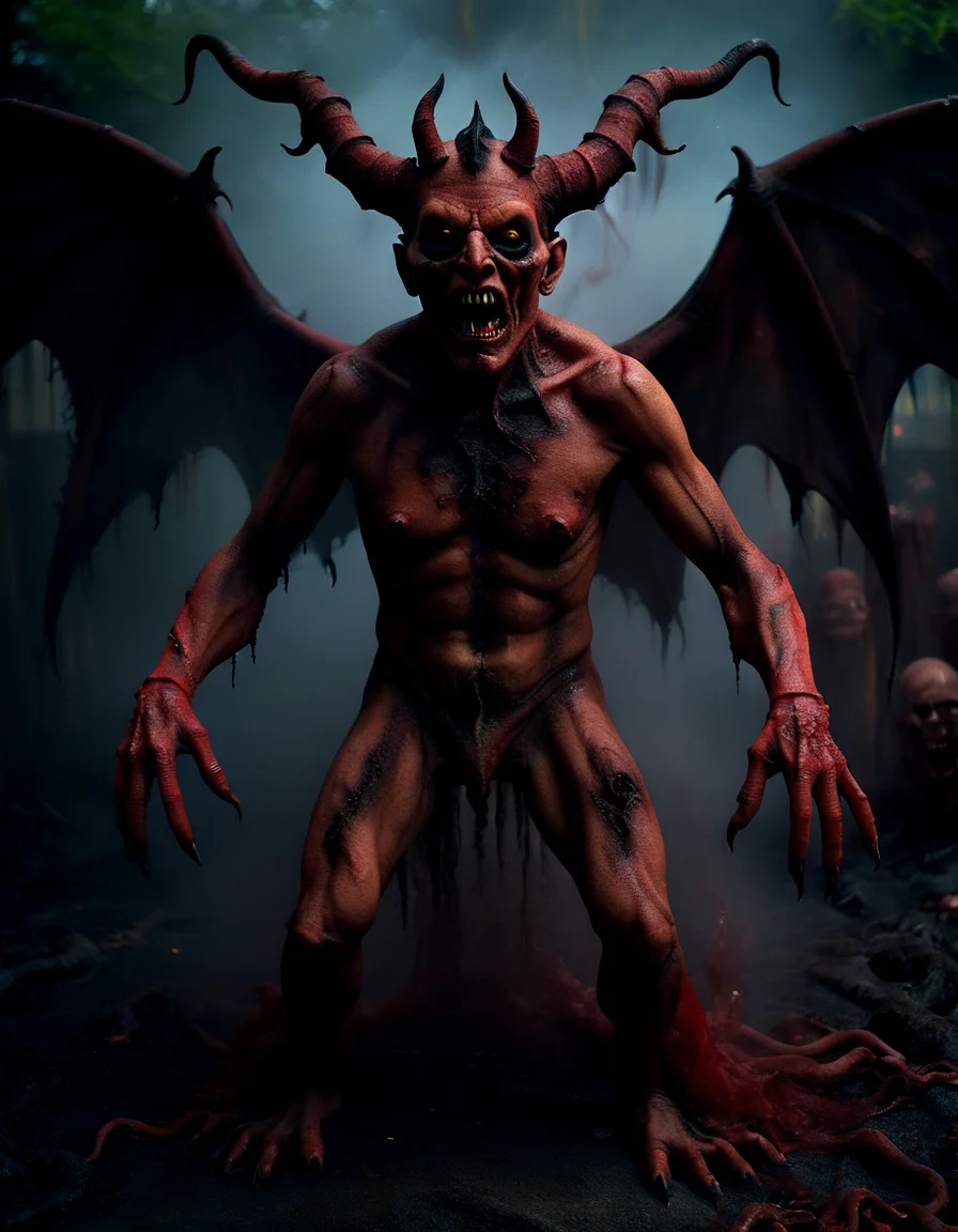 Horror-themed cinematic film still,a horrifying red-skinned male demon king, (full body portrait:1.3), (detailed monstrous evil face:1.4), screaming, wide spread bat like ral-watrho wings, (detailed scaly skin texture:1.2), long curved horns, (in hell, swirling tormented souls, billowing smoke:1.5), black spiky armor,, shallow depth of field, vignette, highly detailed, high budget, bokeh, cinemascope, moody, epic, gorgeous, film grain, grainy . Eerie, unsettling, dark, spooky, suspenseful, grim, highly detailed<lora:ral-watrho:1> ral-watrho