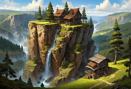 Pine tree plantations grow along cliff edge over looking a sheer drop into a bottomless gorge. A small farmhouse sits in the cliff face and produces smoke from a chimney. There are workers in the fields. There are huge copses of pine trees. Scattered ruins surround free standing glowing crystals, (Highest quality:1.0),(High resolution:1.0), (masterpiece:1.0), (overview:0.6), beautiful and aesthetic:1.3), extreme detailed, colorful, highest detailed,((ultra-detailed)),(highly detailed CG illustration),((Gloomy and Dark Atmosphere)),,