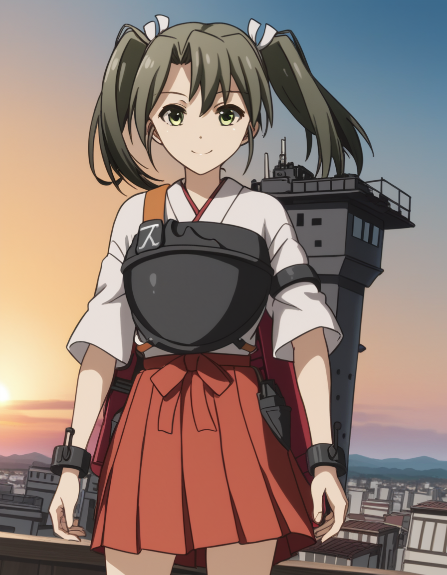 score_9, score_8_up, score_7_up, source_anime, <lora:kacolle-zuikaku-s1-ponyxl-lora-nochekaiser:1>, zuikaku, long hair, ribbon, twintails, green eyes, hair ribbon, zuikaku (kancolle), skirt, japanese clothes, muneate, red skirt, pleated skirt,, rooftop, sunset, cityscape, quiet moment, wind blowing, contemplative, smile, , smile, from below, solo,, cowboy shot, dutch angle