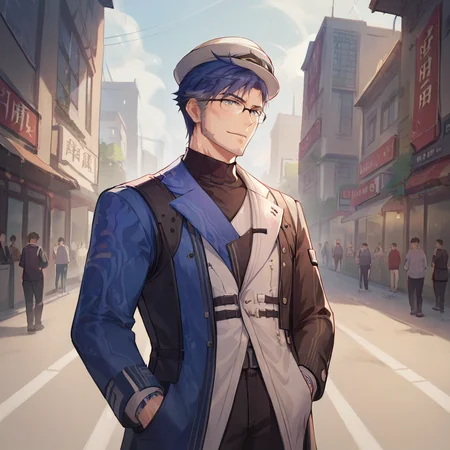 score_9, score_8_up, score_7_up, rating_safe, BREAK, yuanwu solo, glasses, hat, male, in a chinese city, crowd, on a street,