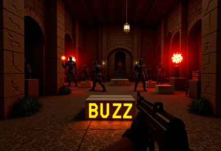 masterpiece, best quality, highly detailed, score_9, score_8_up, score_7_up,
BREAK, 70mm lens, full-color photograph, realistic photograph, shadows, cinematics lighting, volumetric lights, realistic lights, three quarter view, film grain,
BREAK, cowboy shot, zoom out
BREAK, First Person Shooter, Doom, Quake, Duke Nukem, low polygraph game, hellish landscape in the background, pixelated demons in the background, retro, 1990's game aesthetics
BREAK,
on the ground are small white boxes with the text: "BUZZ" in glowing yellow letters